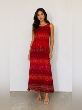 Red Ombré Gold Embroidery Maxi Dress